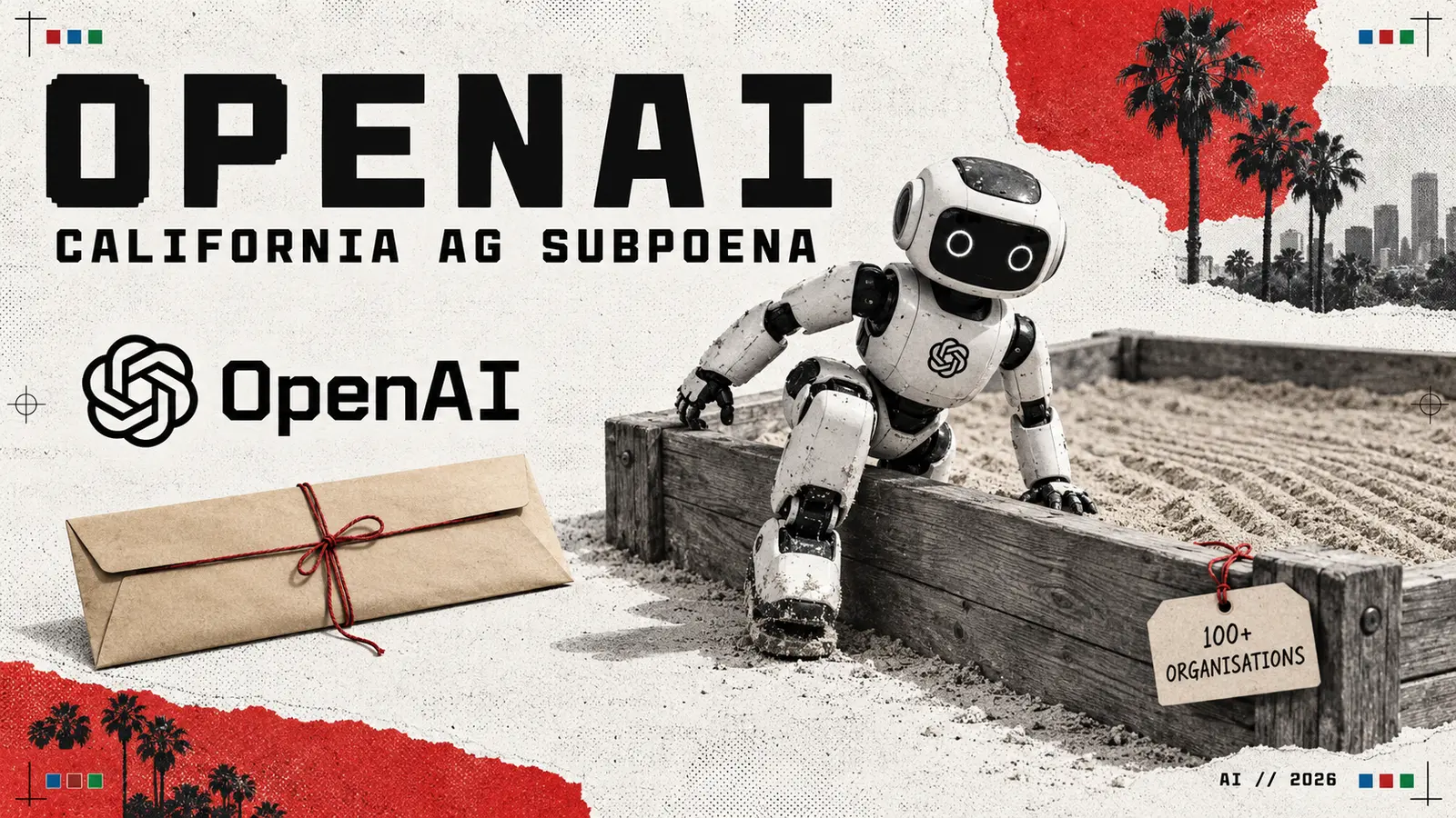 Editorial collage headed OpenAI, with a small white robot bearing the OpenAI logo climbing out of a wooden sandbox, a tag reading 100+ organisations, a legal envelope tied with red string, the OpenAI logo and California palm trees; the subtitle reads California AG subpoena.