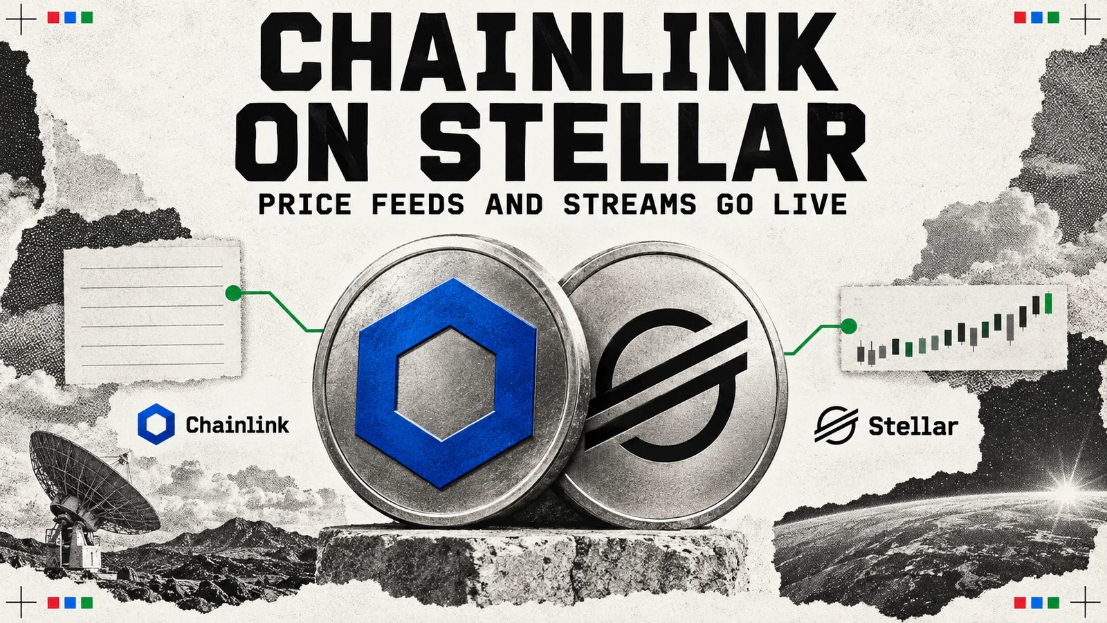 Editorial collage of the Chainlink and Stellar marks connected to market data and tokenised fund certificates.