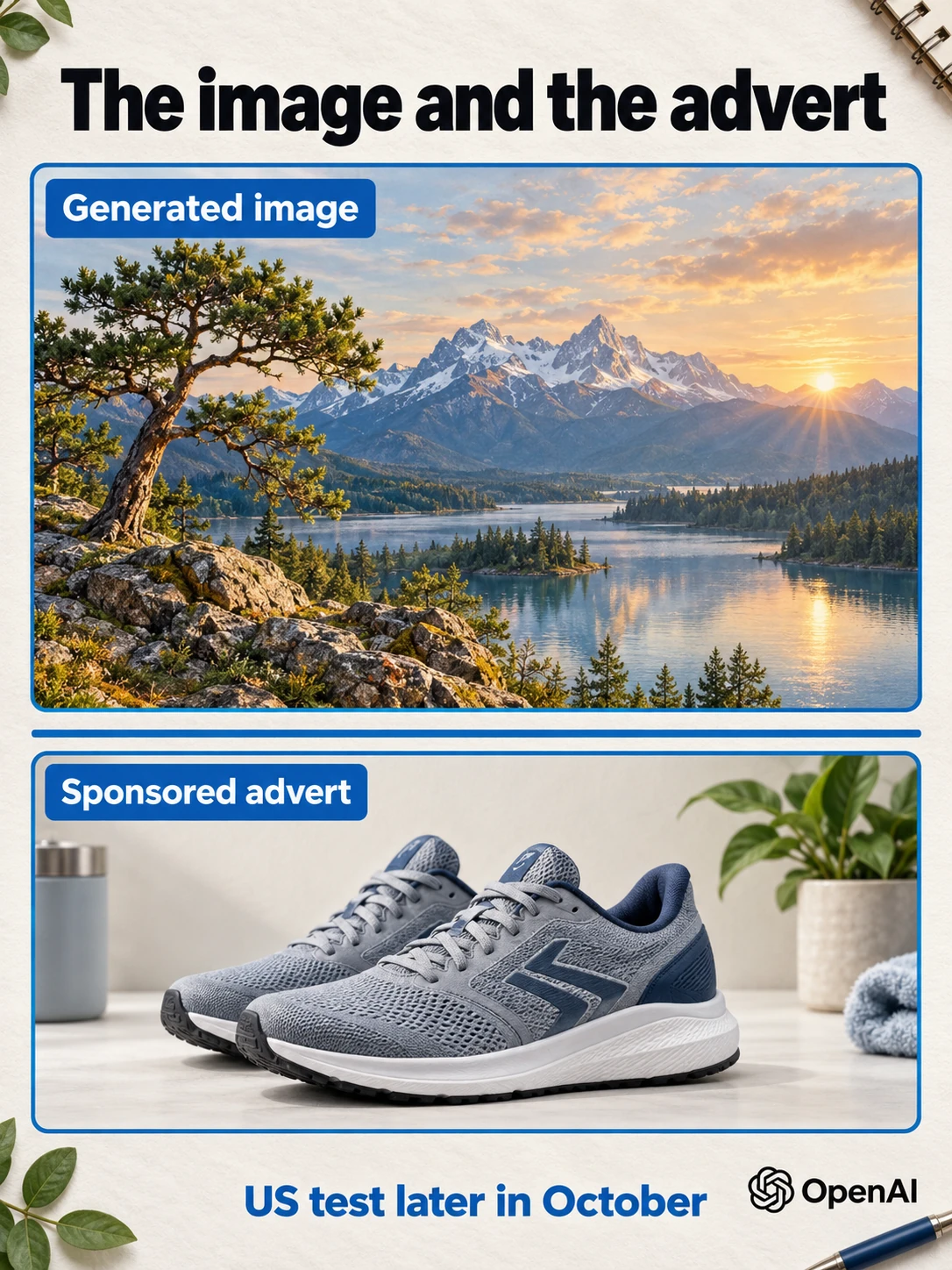 Conceptual interface showing a generated image in one area and a clearly labelled sponsored card in a separate area.