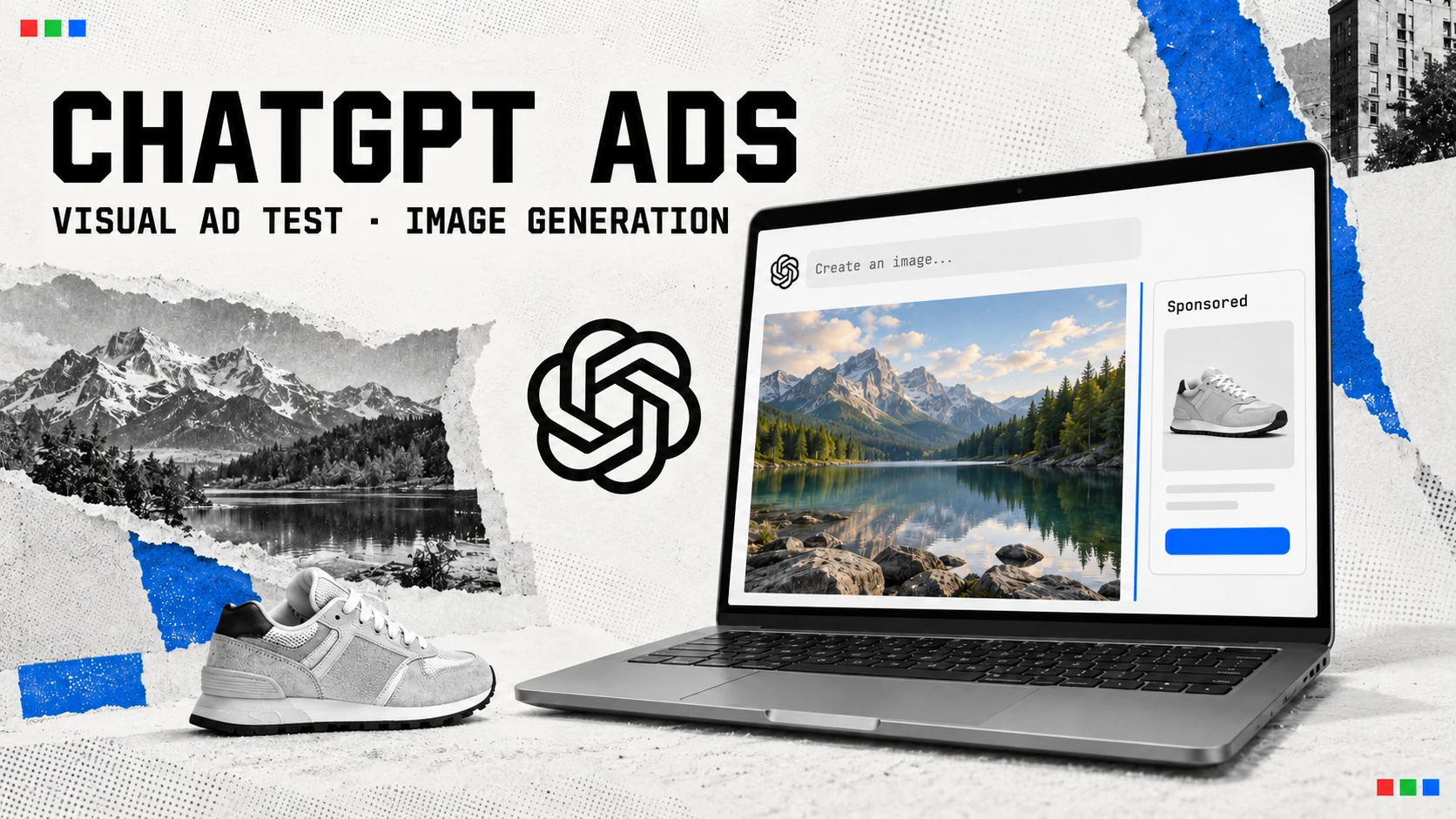 Conceptual illustration of a ChatGPT image-generation screen with a distinct sponsored product card, headed ChatGPT ads.