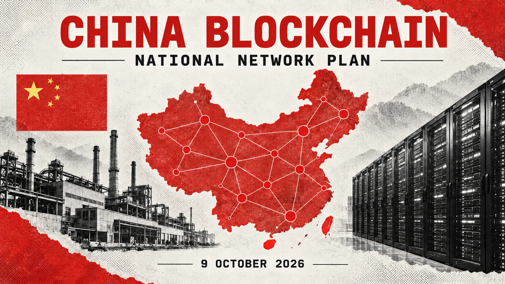 Editorial collage of a connected map of China, computing equipment and a factory beneath the words China blockchain.
