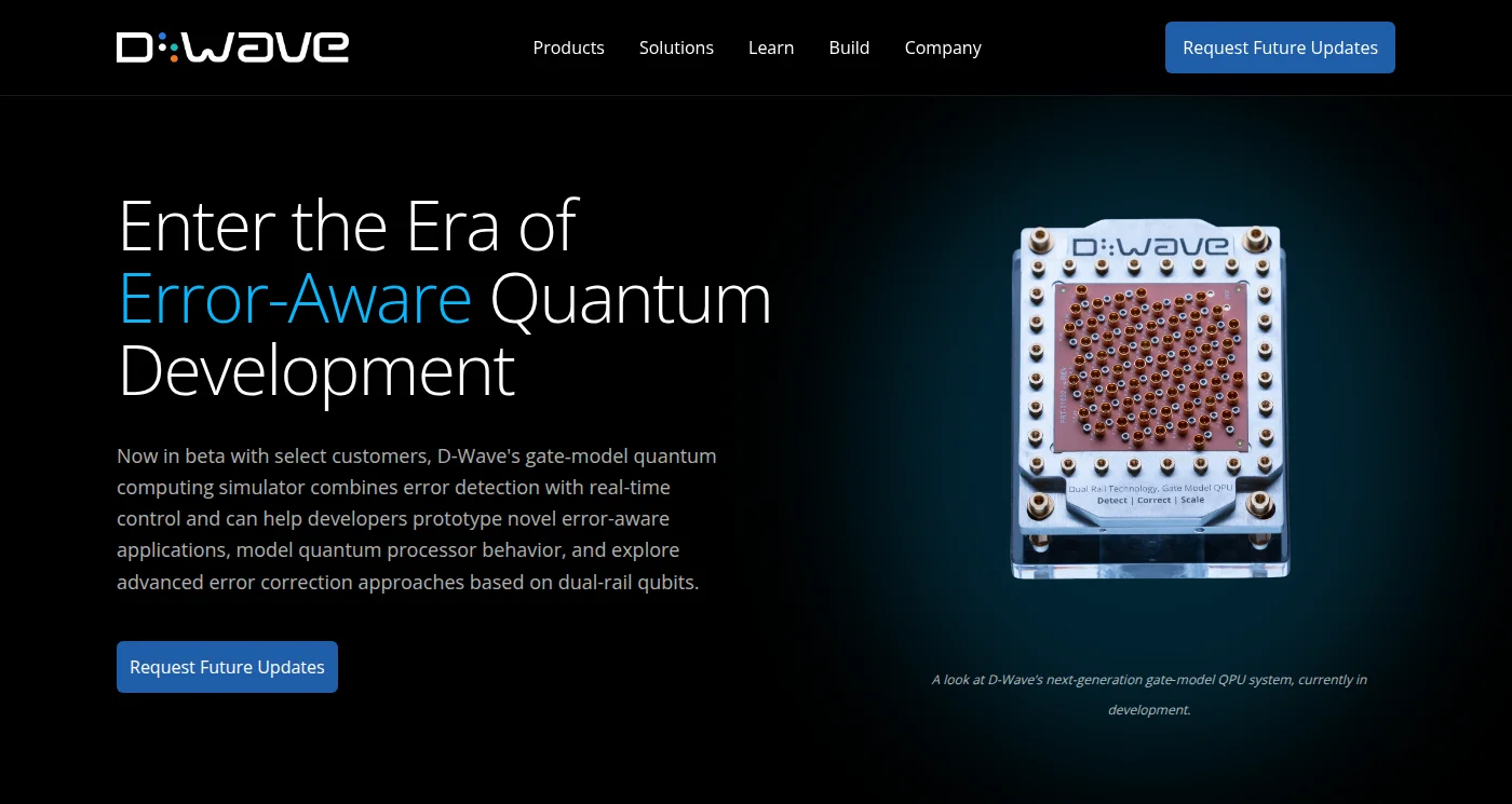D-Wave's simulator web page: on a black background, the headline Enter the Era of Error-Aware Quantum Development and a line saying the gate-model simulator is now in beta with select customers, beside a photograph of a square gate-model chip package in a metal holder ringed with gold connectors, captioned as D-Wave's next-generation gate-model QPU system, currently in development.