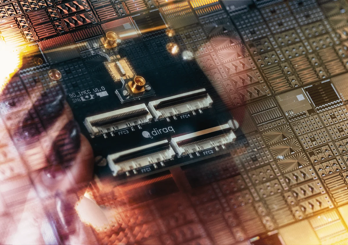 Diraq's silicon spin qubit chip reflected in a silicon wafer.