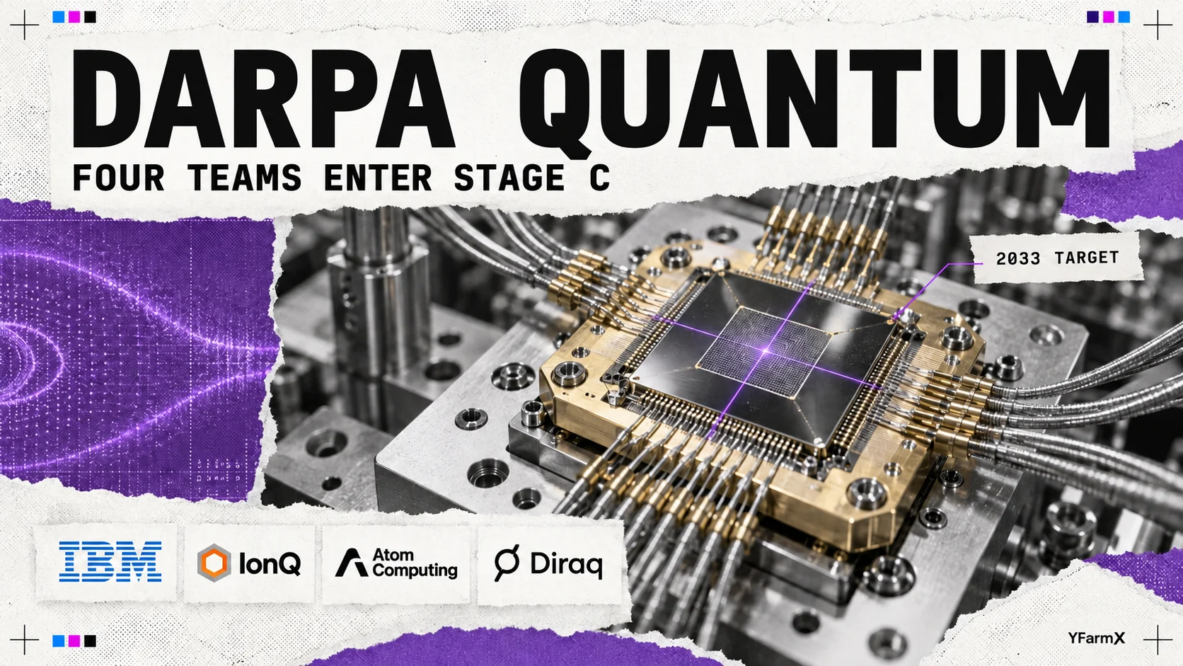 Editorial illustration of quantum hardware under inspection, with the four selected companies' logos.