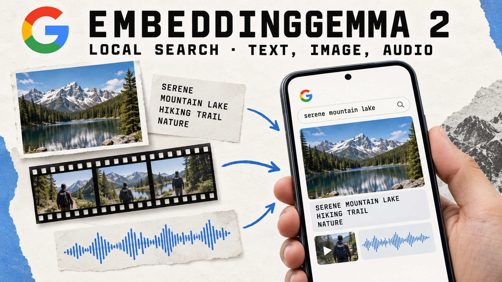 Editorial illustration of a phone organising a photograph, a film strip, a sound recording and a text card, headed EmbeddingGemma 2.