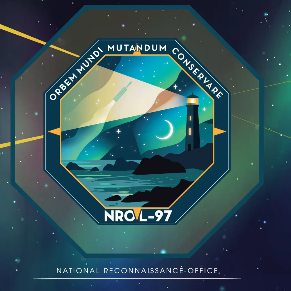 The NROL-97 mission emblem, an octagonal patch set against a starry night sky with green aurora: a dark lighthouse with lit amber windows and lamp stands on a rocky shore and throws a wide beam across the sky, a rocket with side boosters climbs inside the beam, a crescent moon and four bright stars sit above the sea, the Latin motto Orbem Mundi Mutandum Conservare runs around the top edge and NROL-97 is lettered at the bottom, with National Reconnaissance Office written beneath.