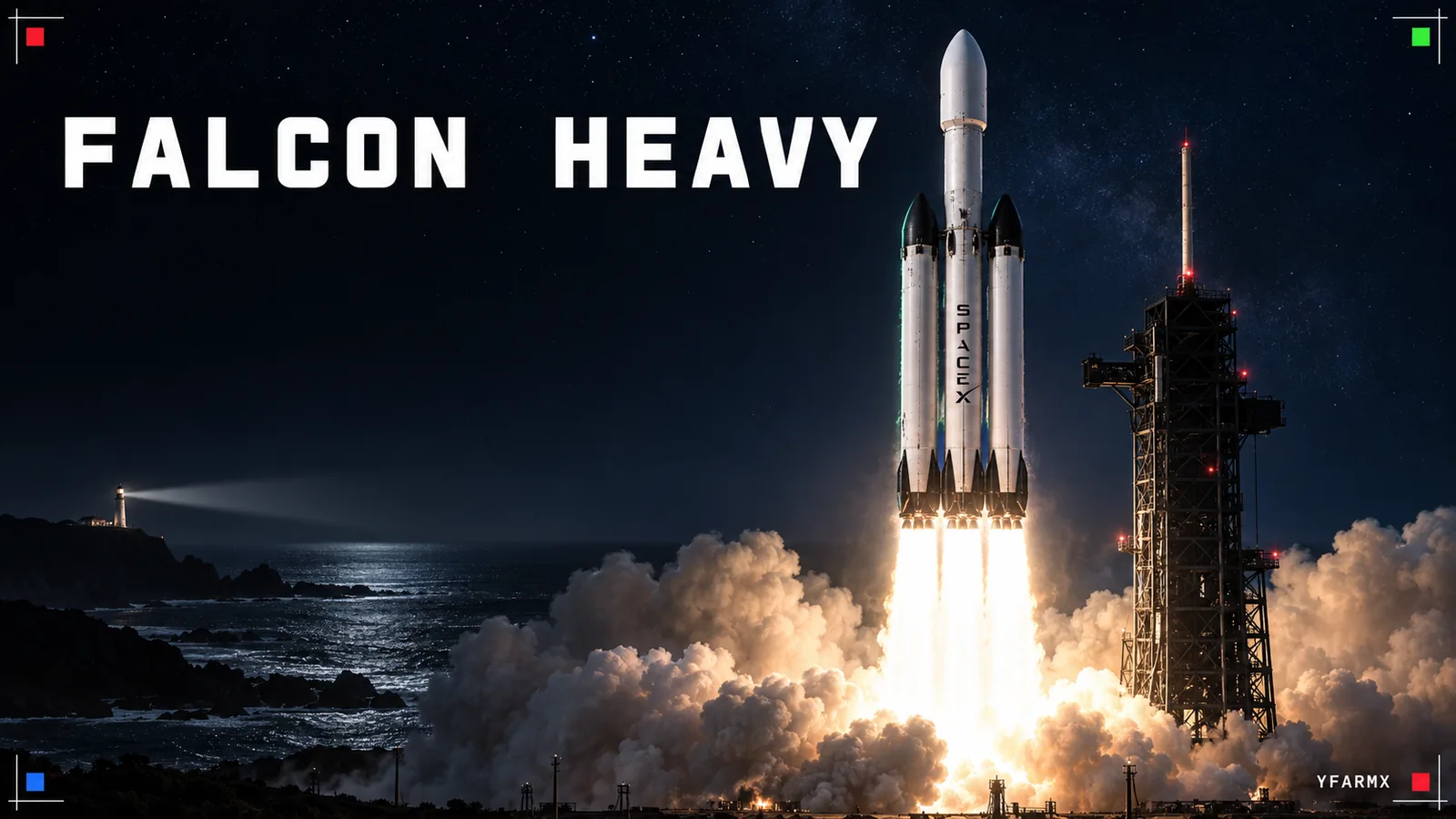 Dark editorial illustration of a SpaceX Falcon Heavy lifting off at night beside its launch tower, three white cores above a wide bright plume and rolling steam, with a lighthouse beam sweeping the sea on the far coastline, under the headline Falcon Heavy.