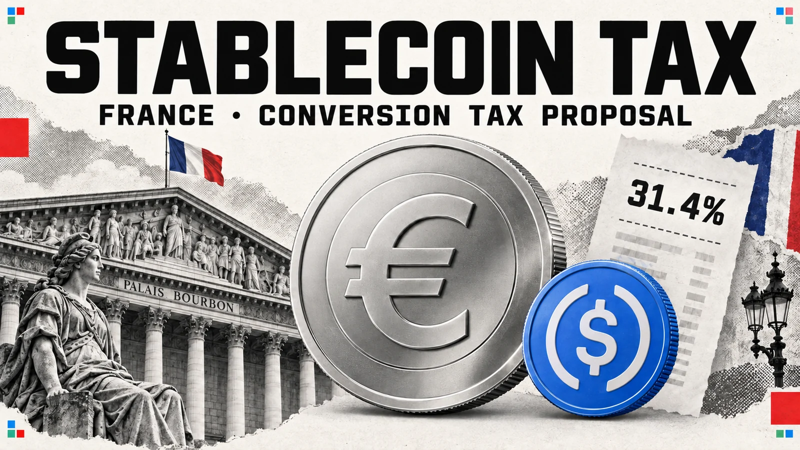 Editorial collage of stablecoins and the French parliament, illustrating a proposed conversion tax.