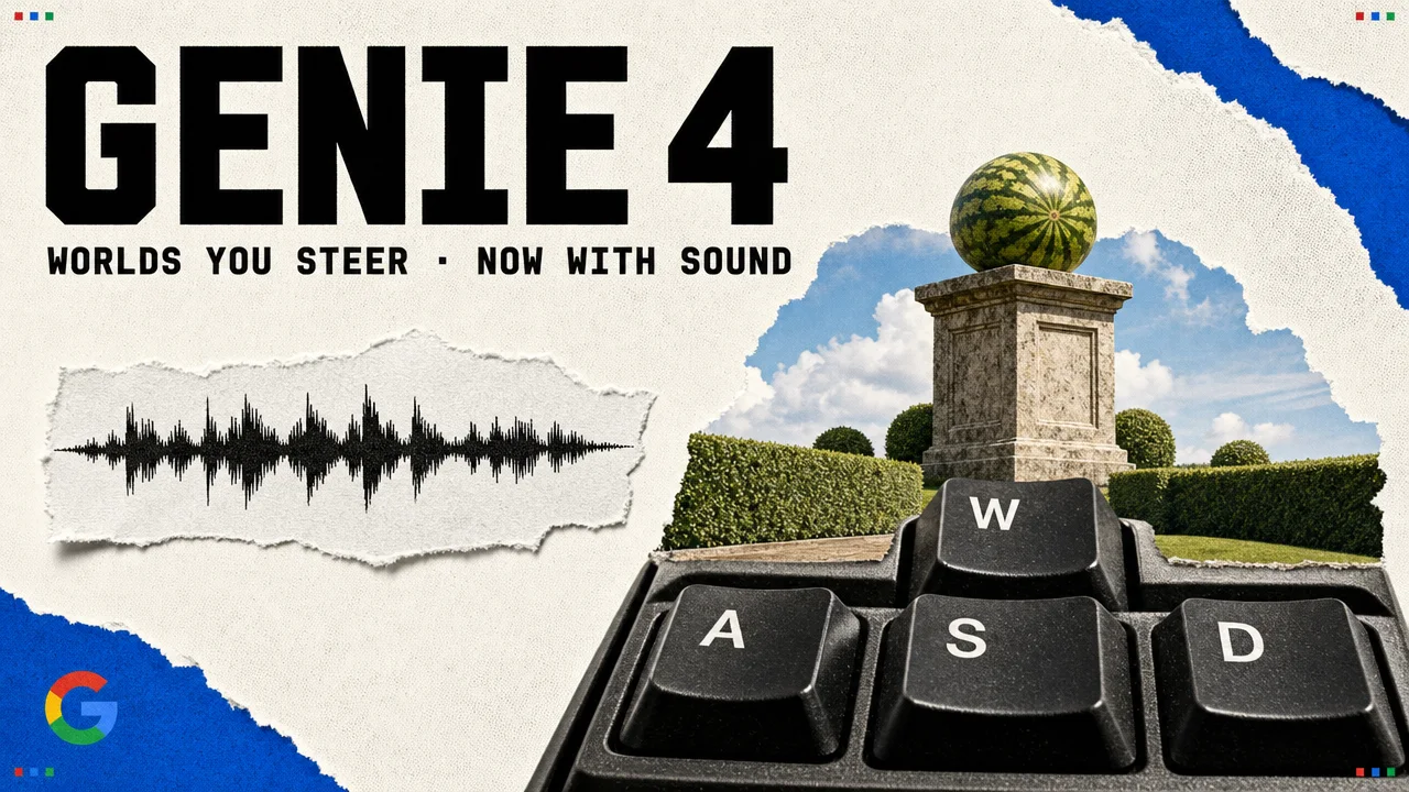 Editorial newsprint collage under the headline GENIE 4 and the line Worlds you steer, now with sound: the W, A, S and D keys of a black keyboard with a small sunlit garden world rising out of them, a watermelon on a stone plinth among clipped hedges, beside a torn paper strip printed with an audio waveform and a small Google G mark.