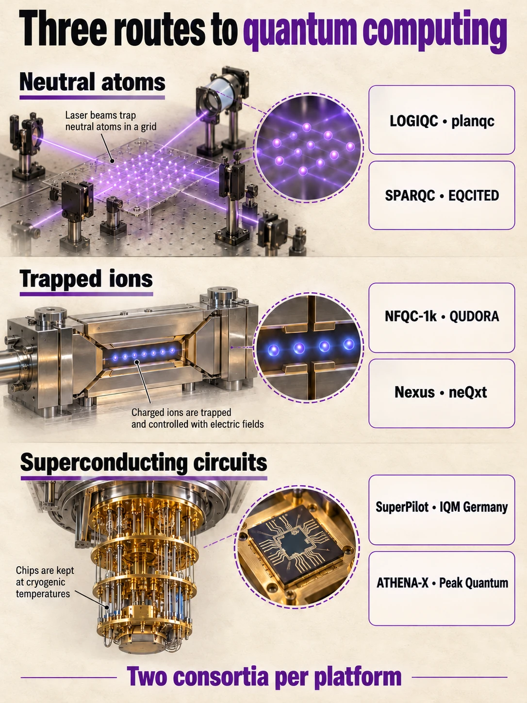 Illustrated comparison of neutral atoms, trapped ions and superconducting circuits, naming the six shortlisted consortia.