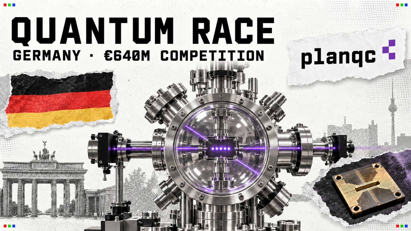 Editorial illustration of a quantum processor and laboratory equipment in violet, headed Quantum race with Germany's €640m competition below.