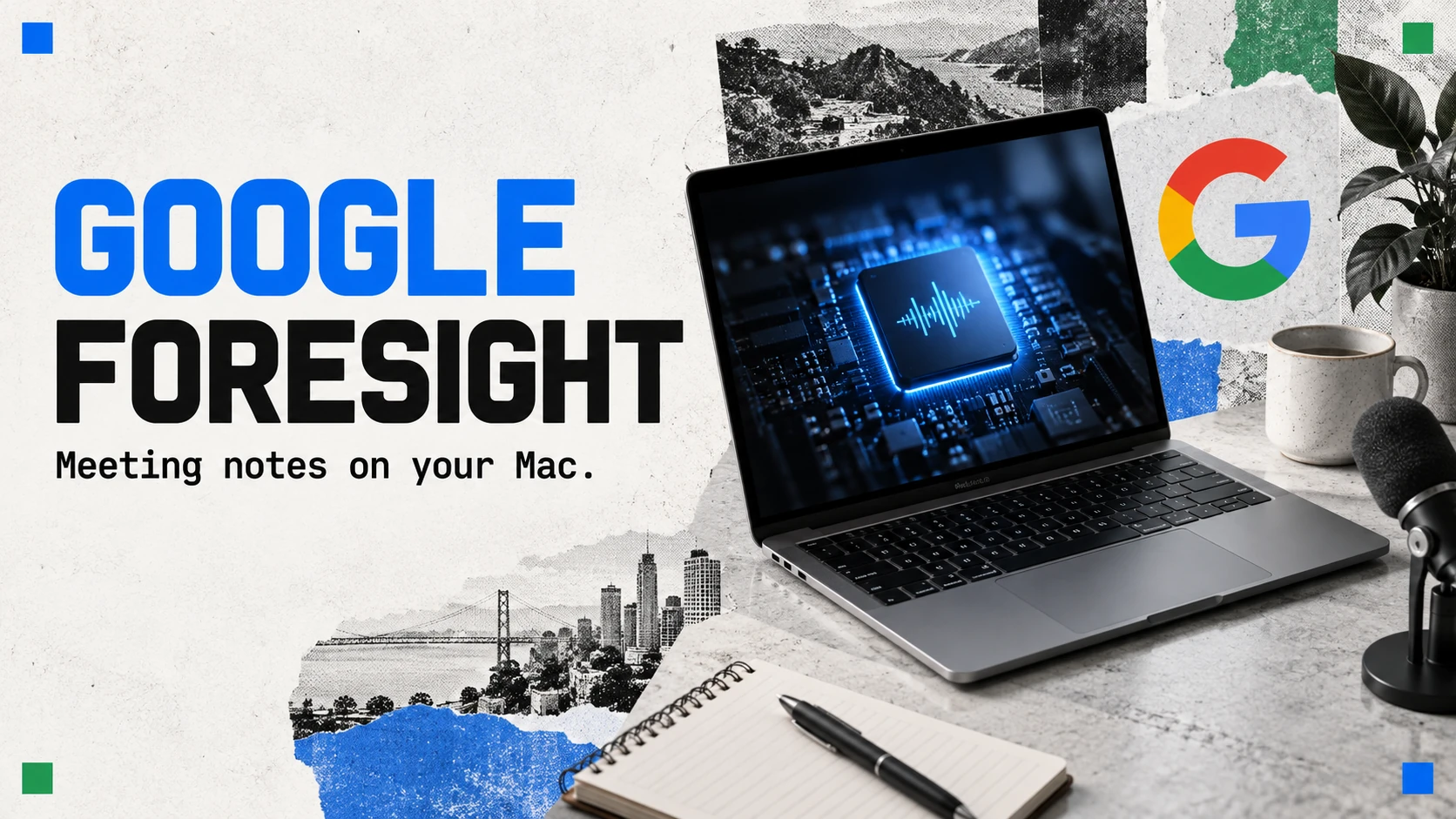 Editorial illustration of a MacBook with a local AI chip motif beside a Google logo, notebook and microphone.
