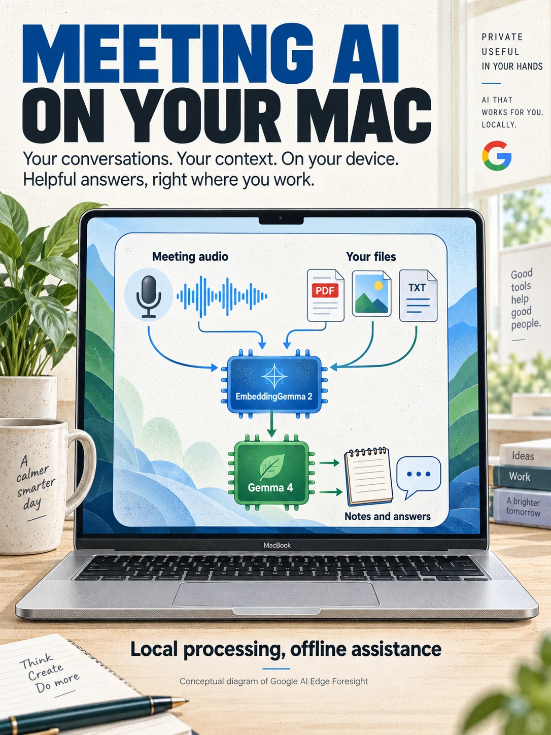 Conceptual diagram showing meeting audio and local files feeding on-device retrieval and answers on a Mac.