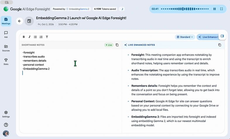 Google's Foresight product demonstration showing shorthand notes on the left and expanded meeting notes on the right.