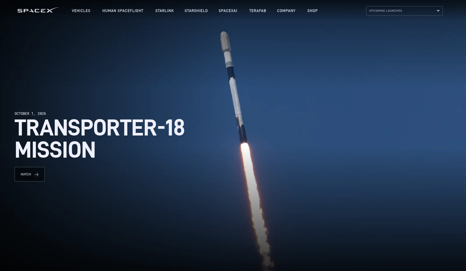 SpaceX's Transporter-18 mission page: a Falcon 9 climbs diagonally through a deep blue sky on a long white and orange exhaust plume, beside the mission's date, 1 October 2026, its heading Transporter-18 Mission and a Watch button, under SpaceX's menu bar.