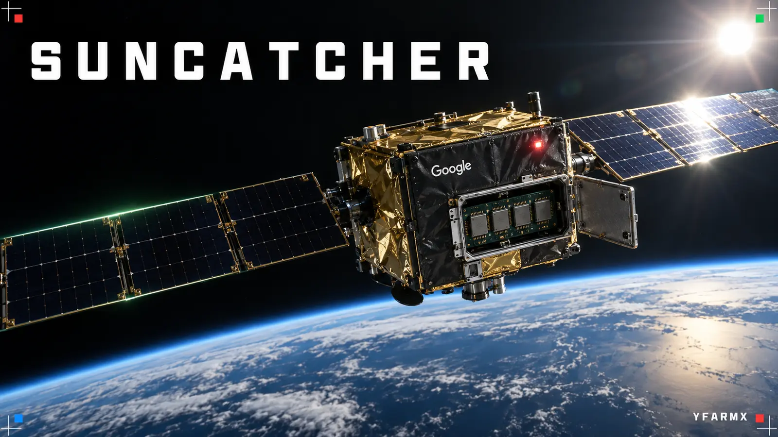 A gold-wrapped prototype satellite with long solar wings orbits above the curve of the Earth, the Google wordmark on its side and an open hatch showing four square chips, under the headline Suncatcher.