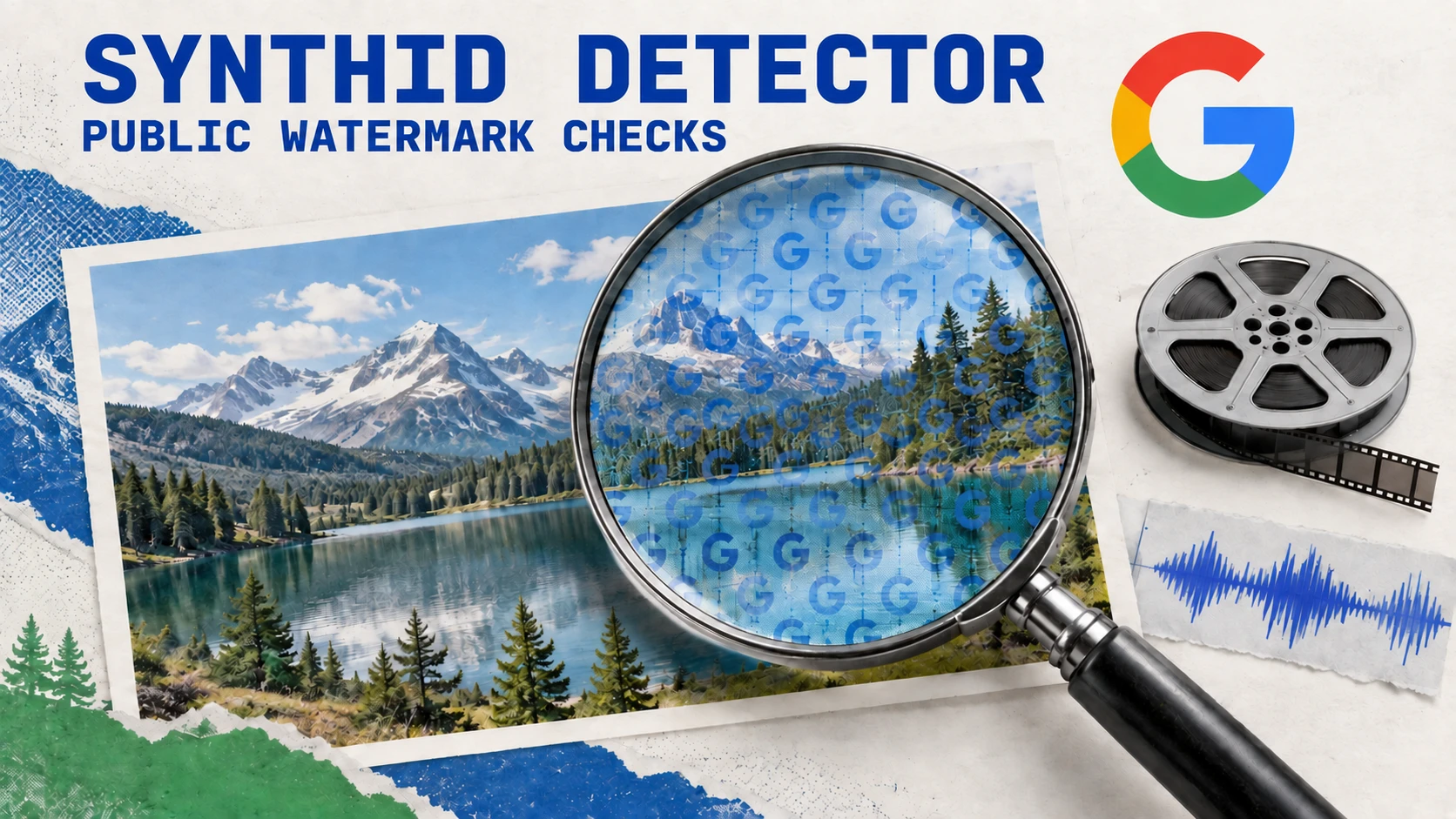 Editorial illustration of a magnifying glass revealing an embedded pattern in an image beside a Google logo, film reel and audio waveform.