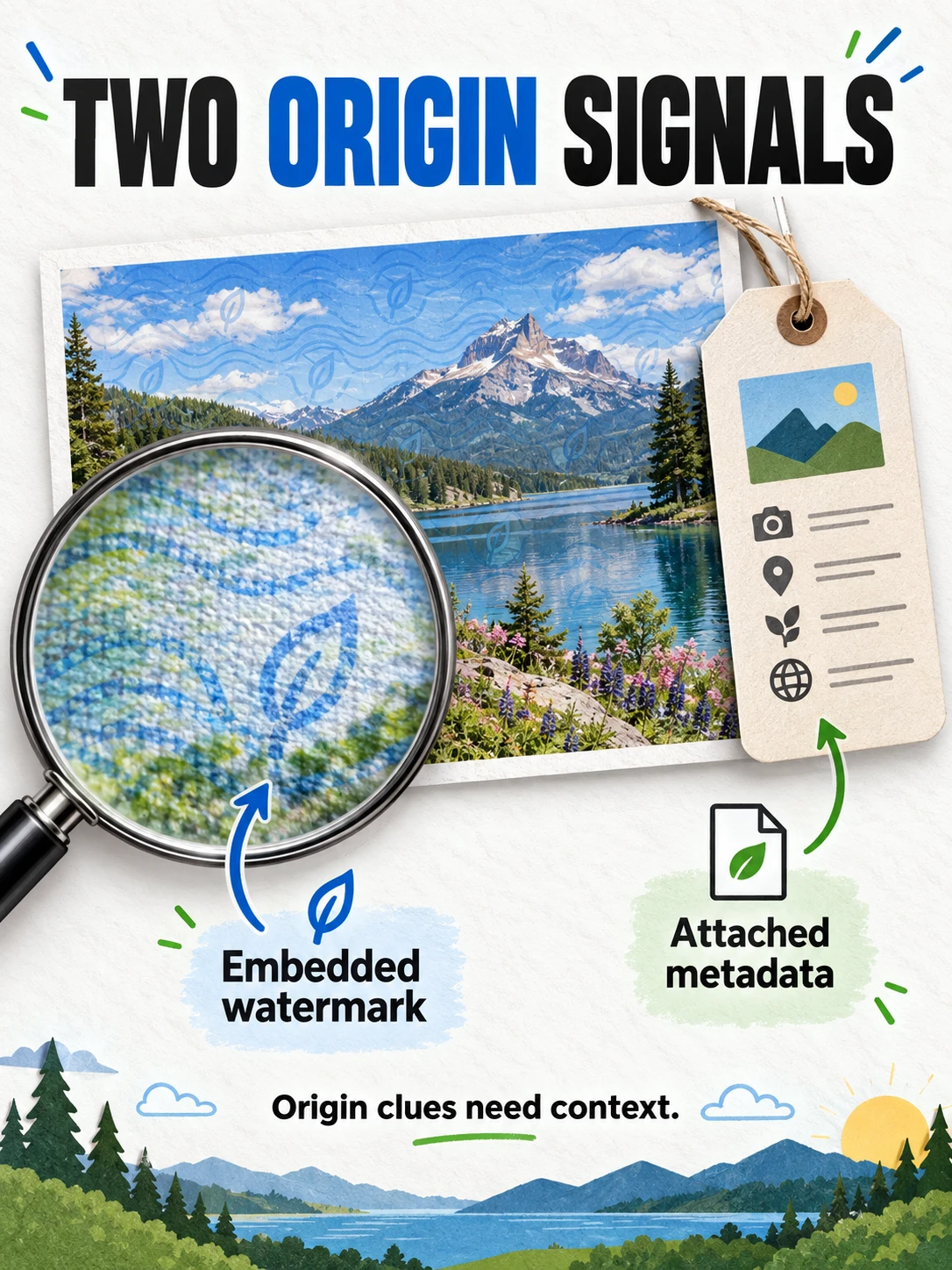 Conceptual illustration contrasting a watermark embedded in image pixels with metadata attached to the file.