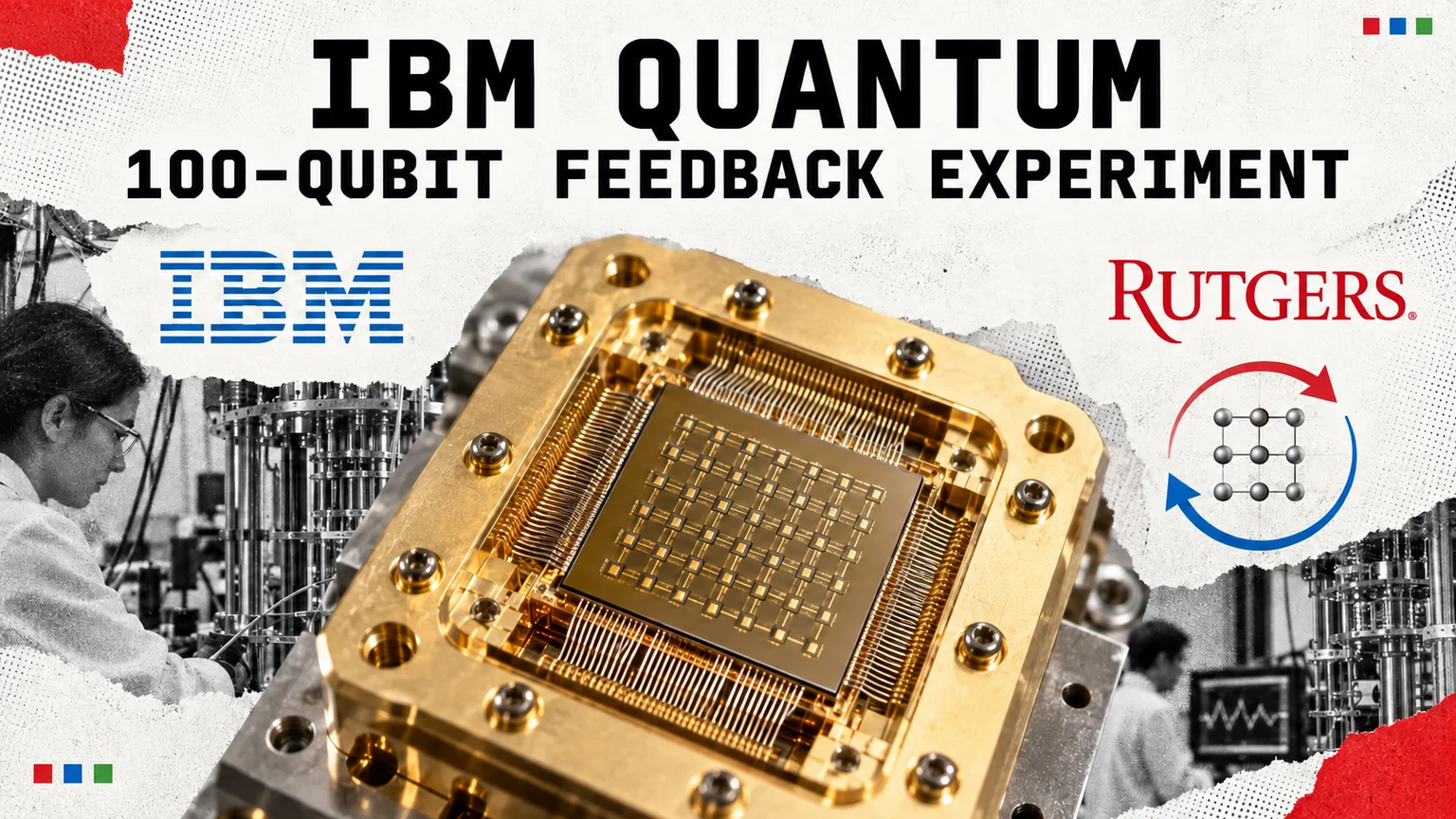 Editorial collage of a quantum chip beside IBM and Rutgers wordmarks and a measurement-feedback motif.