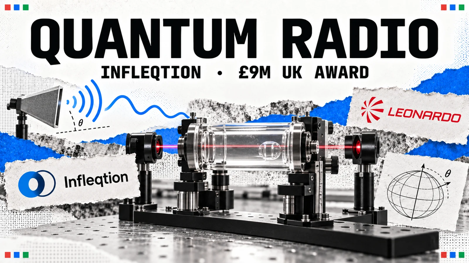 Editorial illustration of an atomic vapour cell and radio direction sensing with Infleqtion and Leonardo marks.
