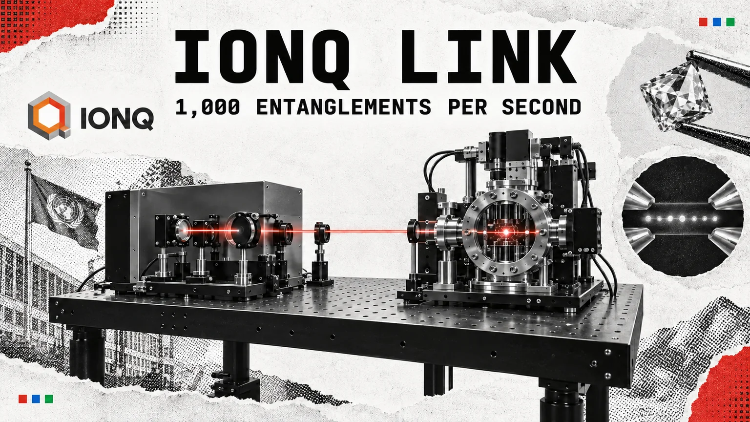 Conceptual editorial illustration of an optical bench linking trapped-ion equipment and a diamond quantum memory.