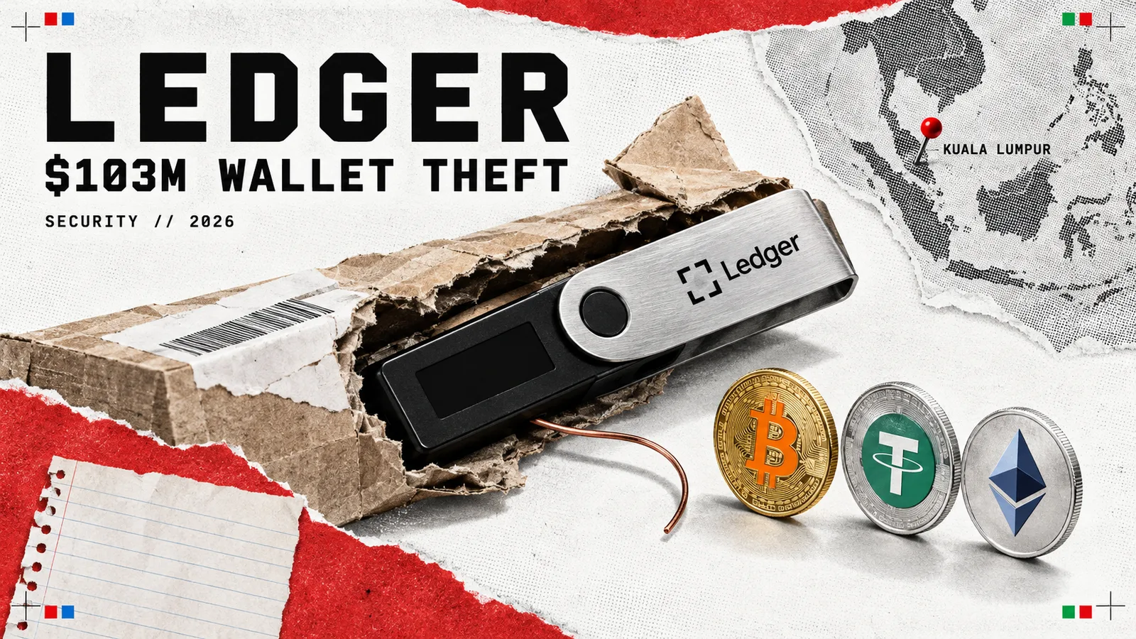 Editorial collage: a black Ledger hardware wallet with its steel swivel cover sliding out of a torn cardboard parcel, a thin copper wire trailing from under its screen, Bitcoin, Tether and Ethereum coins beside it and a map of South East Asia pinned at Kuala Lumpur, under the headline LEDGER, $103M WALLET THEFT