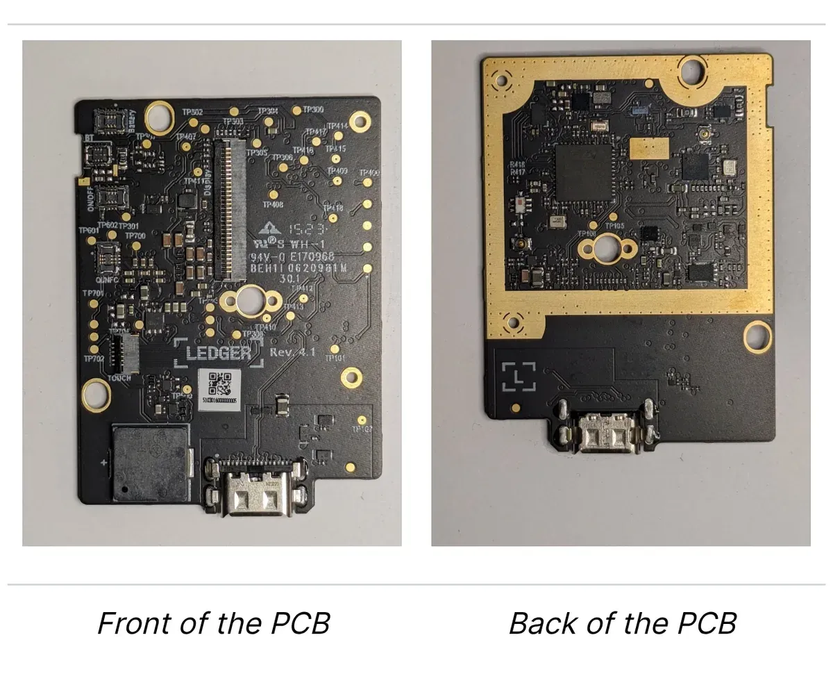 Ledger's reference photographs of the front and back of a genuine Ledger Stax circuit board, labelled Front of the PCB and Back of the PCB, with the board marked LEDGER Rev. 4.1 and a gold-edged shield over the main chips.