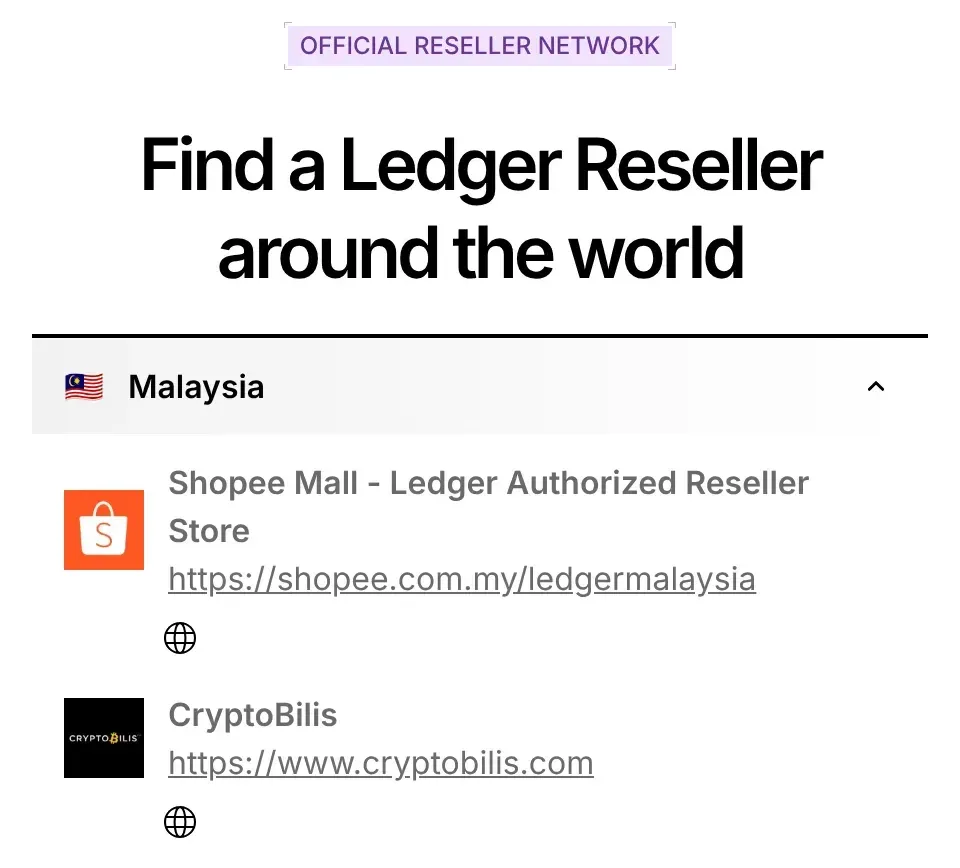 Screenshot of Ledger's official reseller finder, headed Official reseller network, Find a Ledger reseller around the world, with the Malaysia entry open showing two resellers: Shopee Mall, Ledger Authorized Reseller Store, and CryptoBilis, with the address cryptobilis.com.