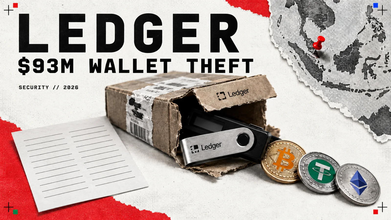 Editorial collage: a black Ledger hardware wallet lying half out of an opened cardboard shipping box, with Bitcoin, Tether and Ethereum coins spilling out and a map of South East Asia pinned beside it