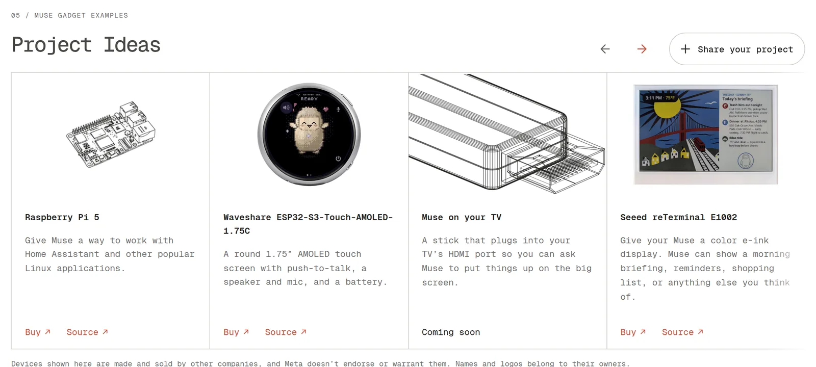 Screenshot of the Project Ideas section of Meta's Muse Gadgets website, showing four device cards: a line drawing of a Raspberry Pi 5, offered as a way for Muse to work with Home Assistant and other Linux applications; a Waveshare round 1.75-inch AMOLED touch screen showing a furry cartoon avatar and the word Ready; a line drawing of Muse on your TV, an HDMI stick marked coming soon; and a Seeed reTerminal E1002 e-ink display showing a drawing of a bridge beside a list headed Today's briefing.