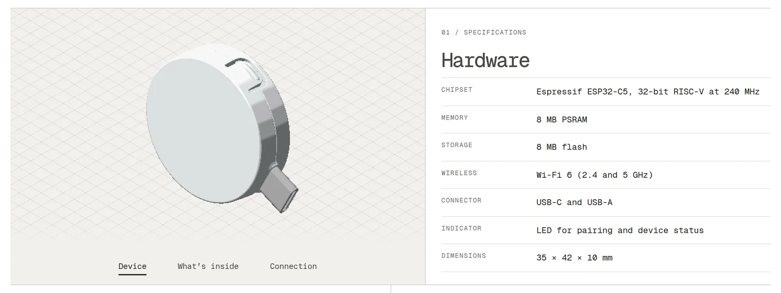Screenshot of Meta's Muse Home Link page. On the left, a 3D render of a round white disc with a short USB plug at its edge, set on a grid, with tabs reading Device, What's inside and Connection. On the right, a hardware table listing the Espressif ESP32-C5 chip, a 32-bit RISC-V core at 240 MHz, 8 MB PSRAM, 8 MB flash, Wi-Fi 6 at 2.4 and 5 GHz, USB-C and USB-A connectors, an LED for pairing and device status, and dimensions of 35 by 42 by 10 millimetres.