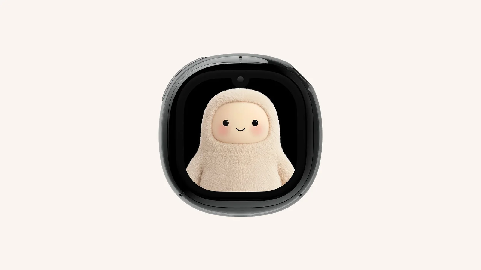 Meta's product render of Muse Charm from the front: a rounded-square black device with a small camera notch at the top of its screen, which shows Muse's furry cream-coloured avatar smiling, set on a plain cream background.