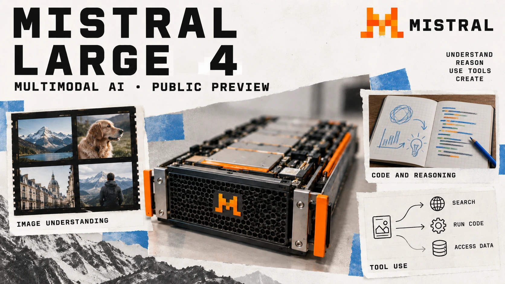 Editorial illustration of a Mistral-branded computing module beside a photograph and code sheet, headed Mistral Large 4.