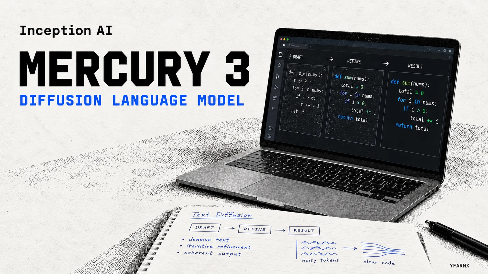 Conceptual editorial illustration for Mercury 3, showing detailed computing or production equipment.