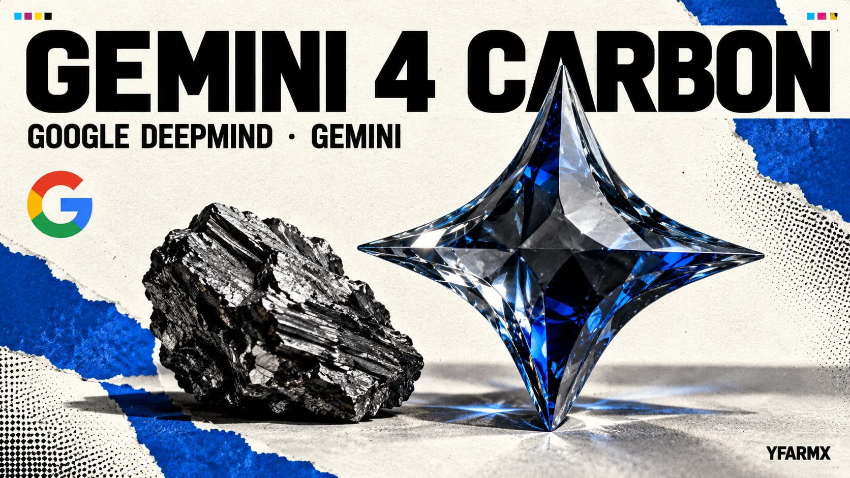 Newsprint collage headed GEMINI 4 CARBON, with a blue faceted four-point star, a graphite fragment and a small Google mark on textured paper.