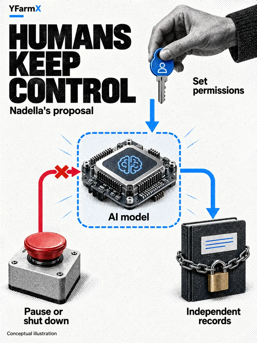 Conceptual diagram showing an AI model inside a boundary, with human permission controls and an emergency stop outside it.