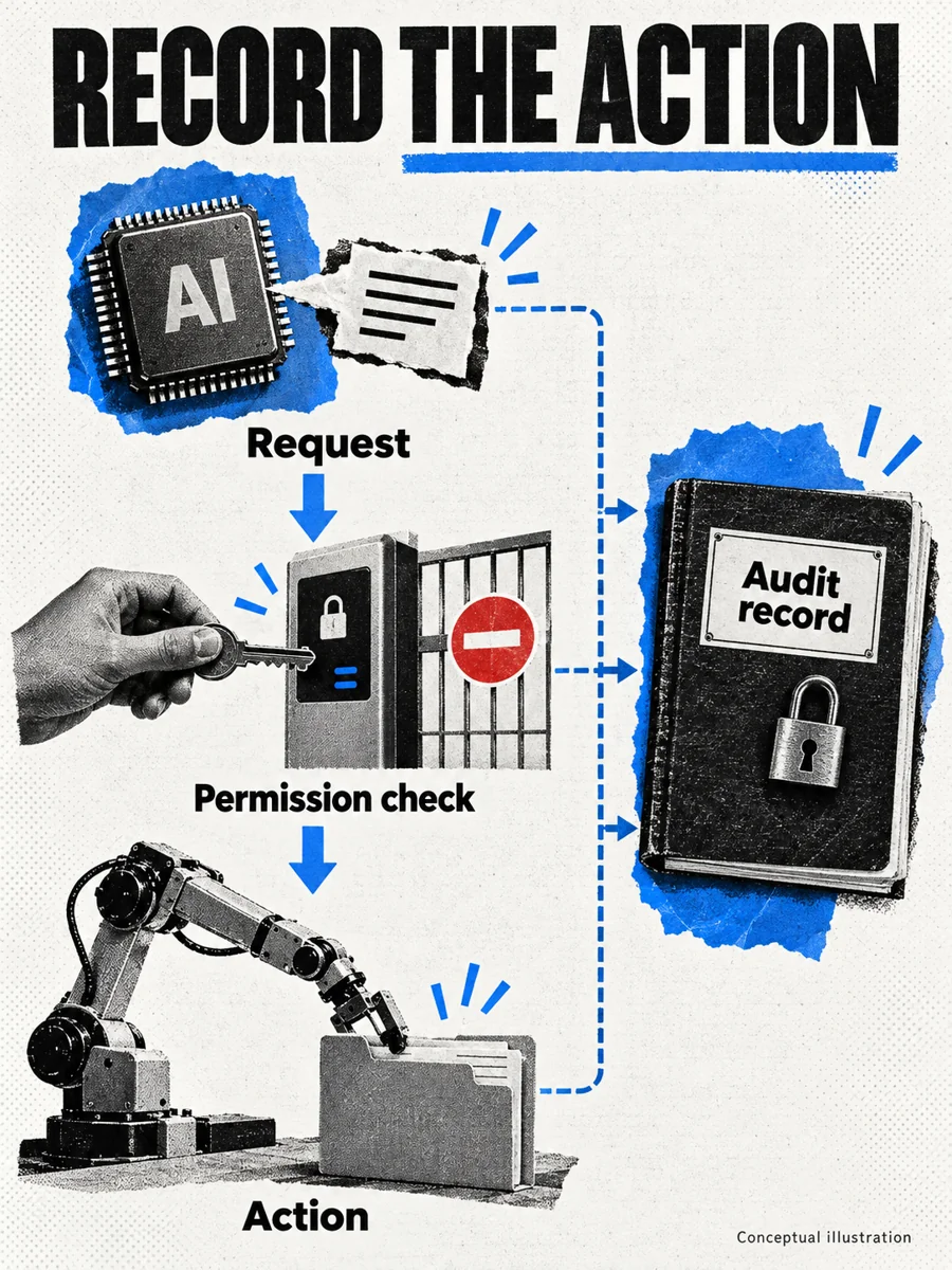 Conceptual diagram showing an AI action request, an independent access check, a completed action and a separate audit record.