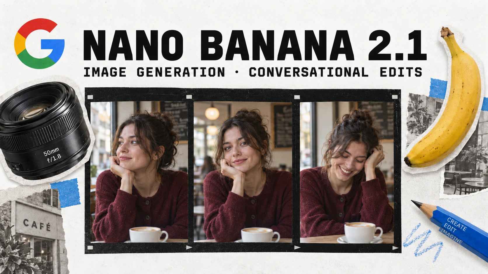 Editorial illustration of a photographic contact sheet and editing tools with Google branding, headed Nano Banana 2.1.