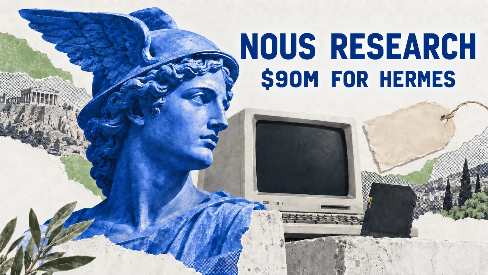 Editorial illustration of a blue winged messenger sculpture, a terminal and a funding tag for Nous Research's Hermes Agent.