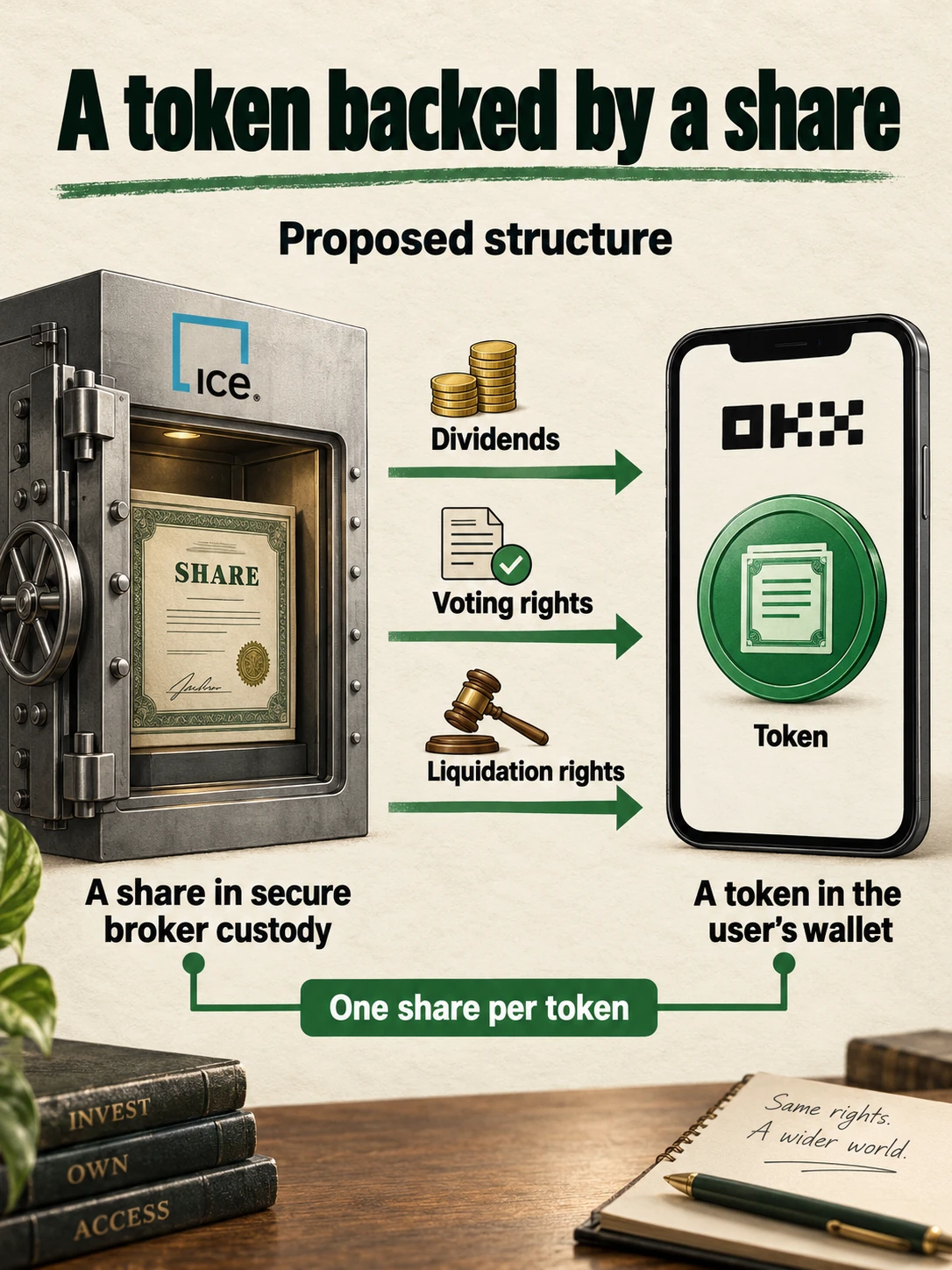 Conceptual diagram connecting a share in regulated custody to a stock token, dividends and shareholder voting.