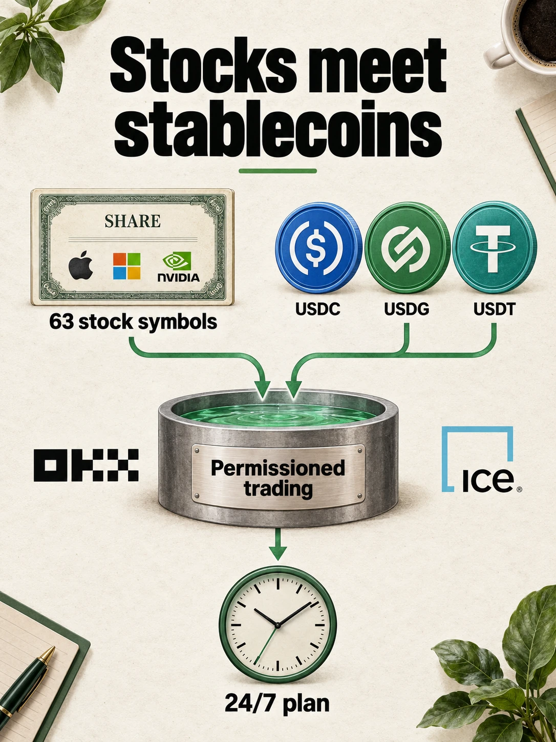 Conceptual trading diagram showing US stock tokens exchanged against USDC, USDG and USDT through a verified-wallet venue.