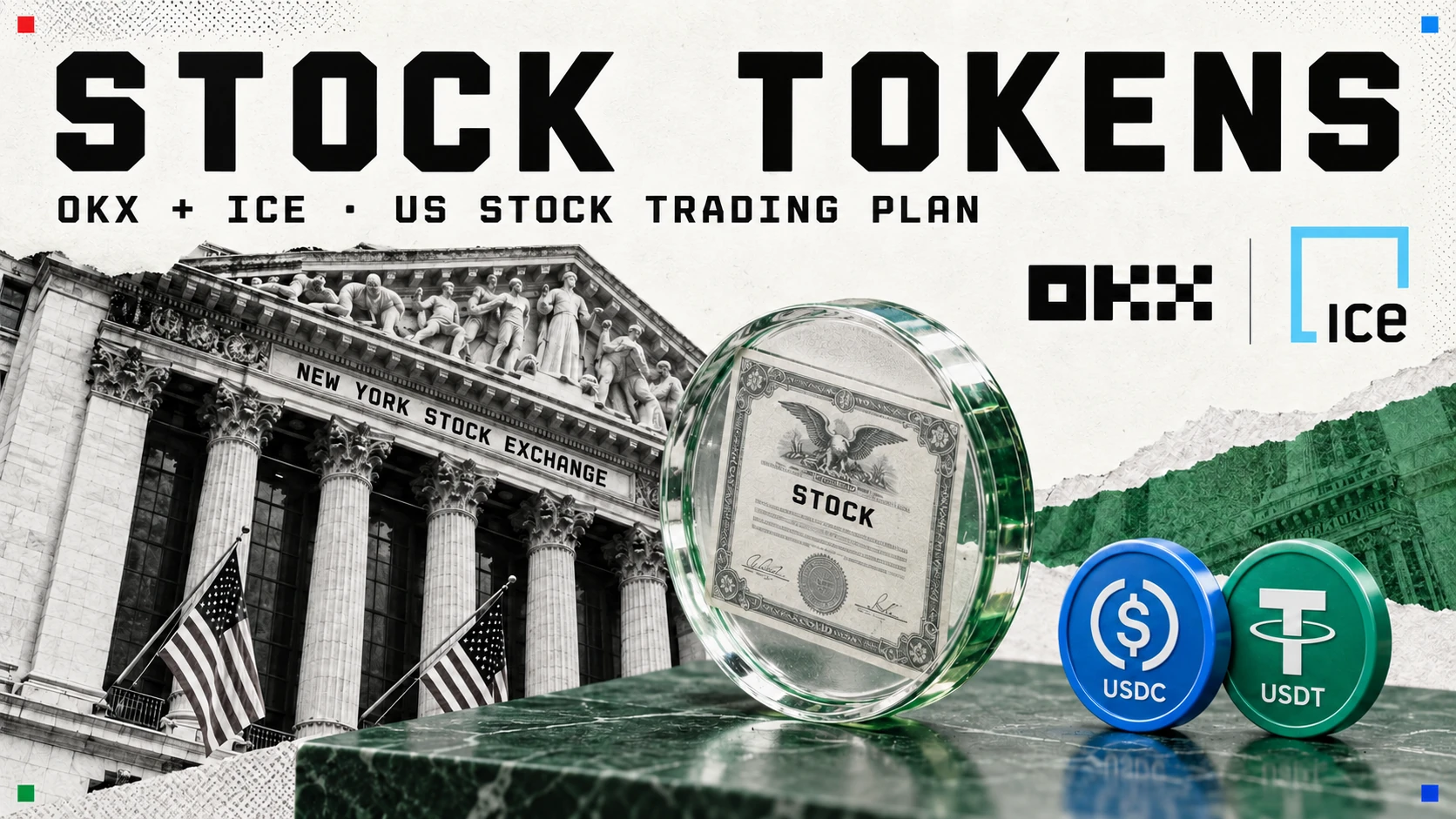 Editorial illustration of the New York Stock Exchange, a stock token and stablecoin coins, headed Stock tokens.