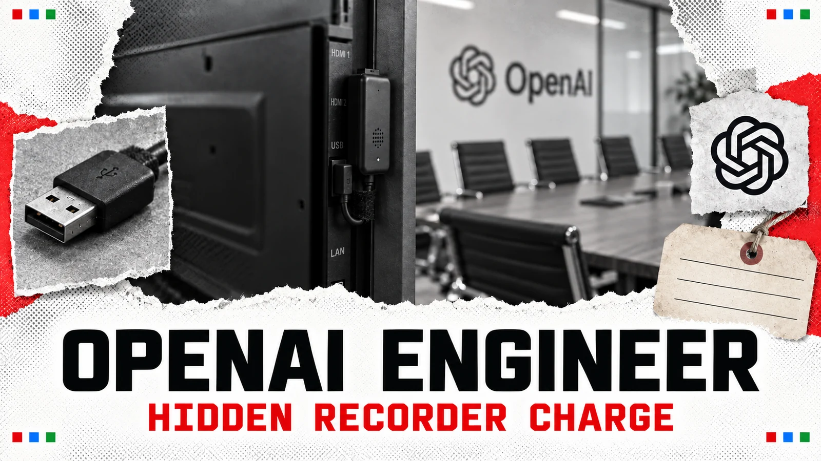 Editorial illustration of an audio recorder behind a conference-room television with the OpenAI mark.