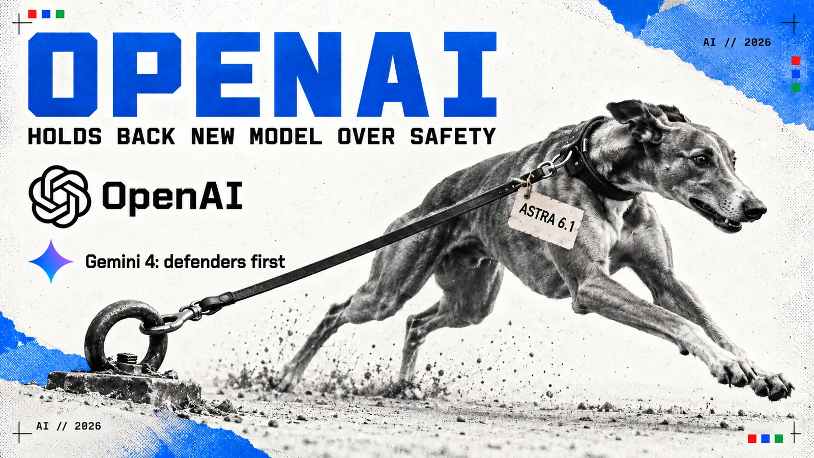 Editorial collage headed GPT-6.1 Astra, with a racing greyhound straining against a short leash tied to an iron ring in the ground, a tag on the leash reading safety check, and the OpenAI and Gemini logos; the subtitle reads held back over safety.