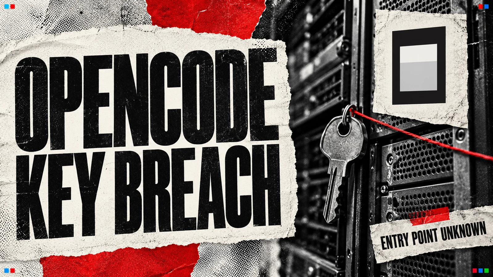 Illustration of a server and exposed keys, labelled OpenCode key breach.