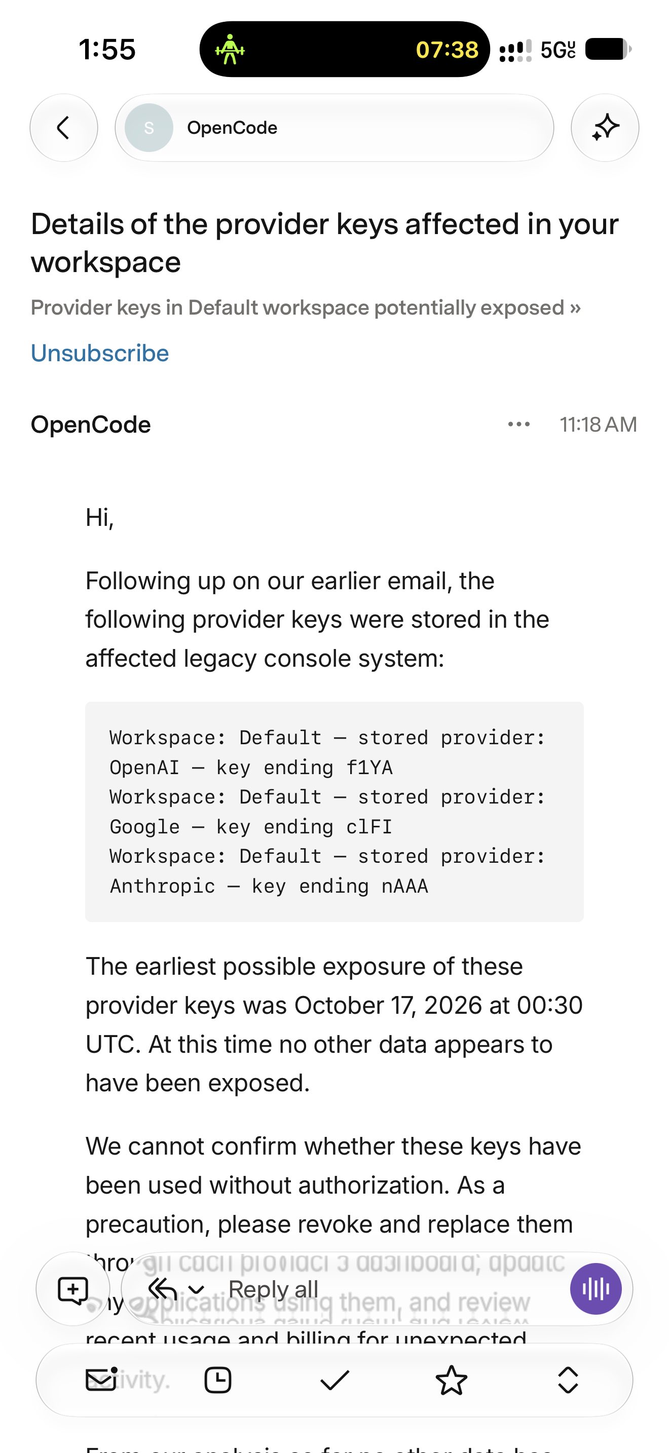 Customer-published screenshot of an OpenCode notification listing provider keys stored in the affected legacy console system.