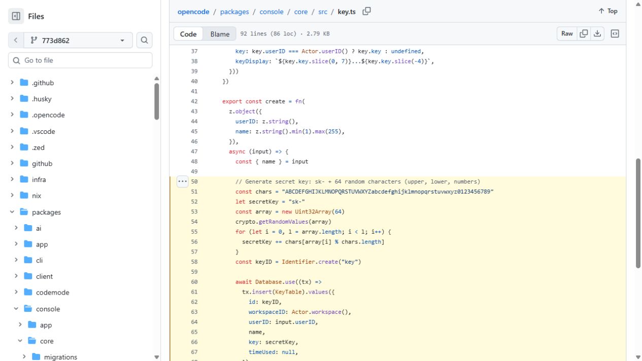 Historical OpenCode code generating a secret and inserting secretKey directly into KeyTable at line 66.