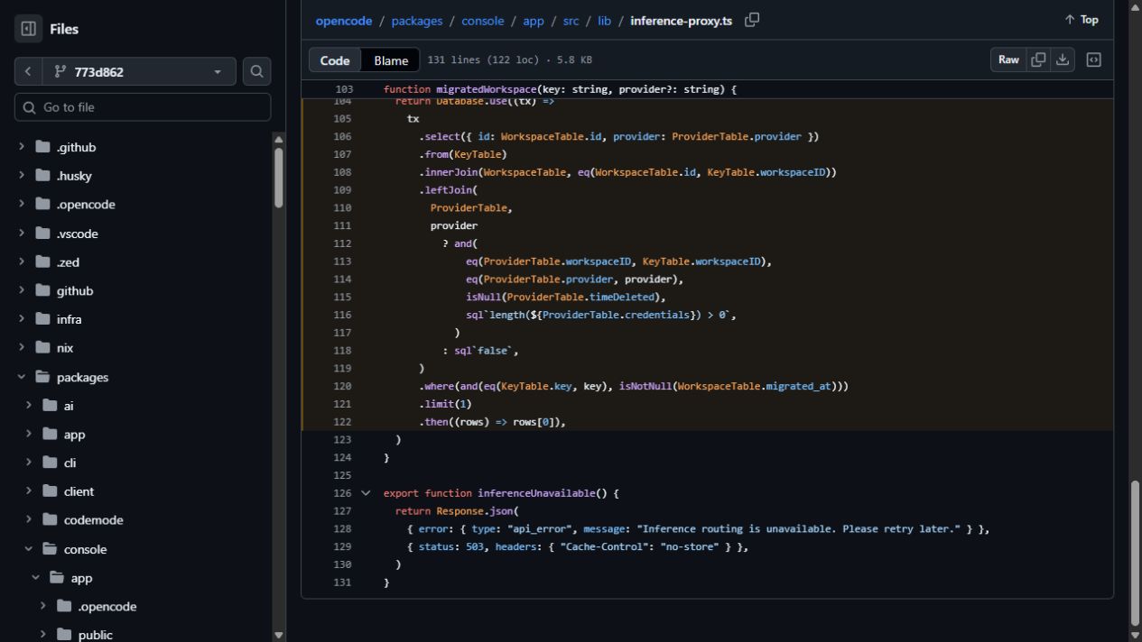 Historical GitHub routing code selecting the provider name and checking whether the stored credential has a positive length.