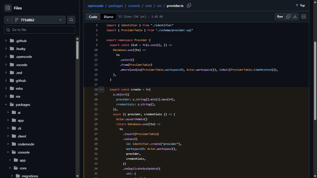 GitHub's historical provider save function, with the submitted credentials passed directly into the database insert.