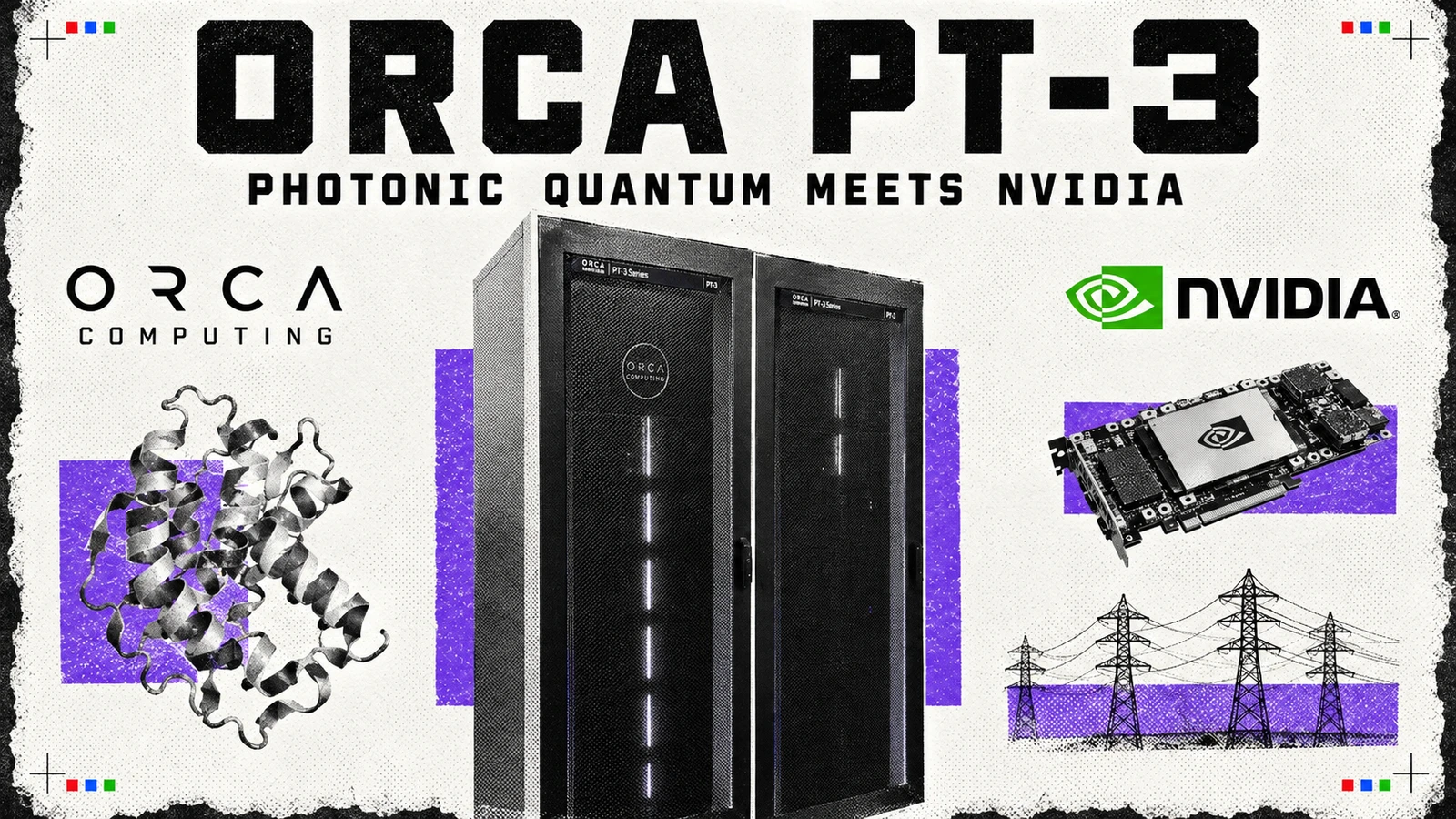 Editorial collage of an optical quantum-computing rack, protein structures and the ORCA Computing and NVIDIA marks.